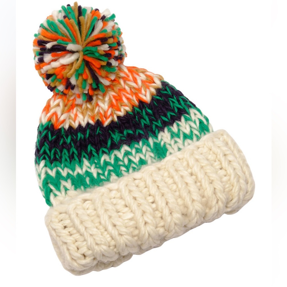 Free People Multicolor Pom Knit Beanie - Cream, Green, Navy, Orange